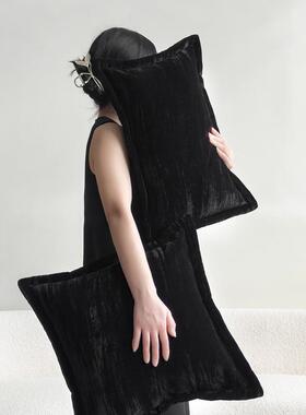 轻奢样板间别墅高级感奢华丝绒黑色抱枕沙发客厅方枕床上靠垫