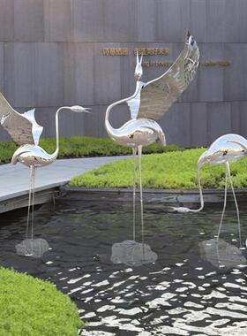 镜面不锈钢仙鹤雕塑火烈鸟落地大摆件户外售楼部园林景观小品装饰