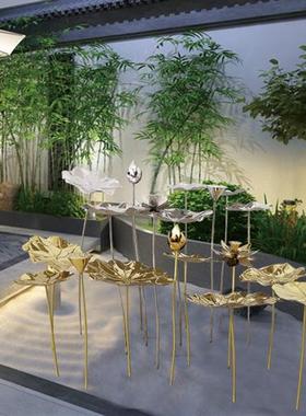 不锈钢荷叶铁艺荷花雕塑落地摆件酒店户外水池水景金属软装装饰品