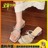 Fairy-tale-style chunk-heeled sandals for women's outerwear in summer 2026, with a bow-shaped rhinestone open-toe middle heel paired with a skirt and flip-flops thumbnail 6