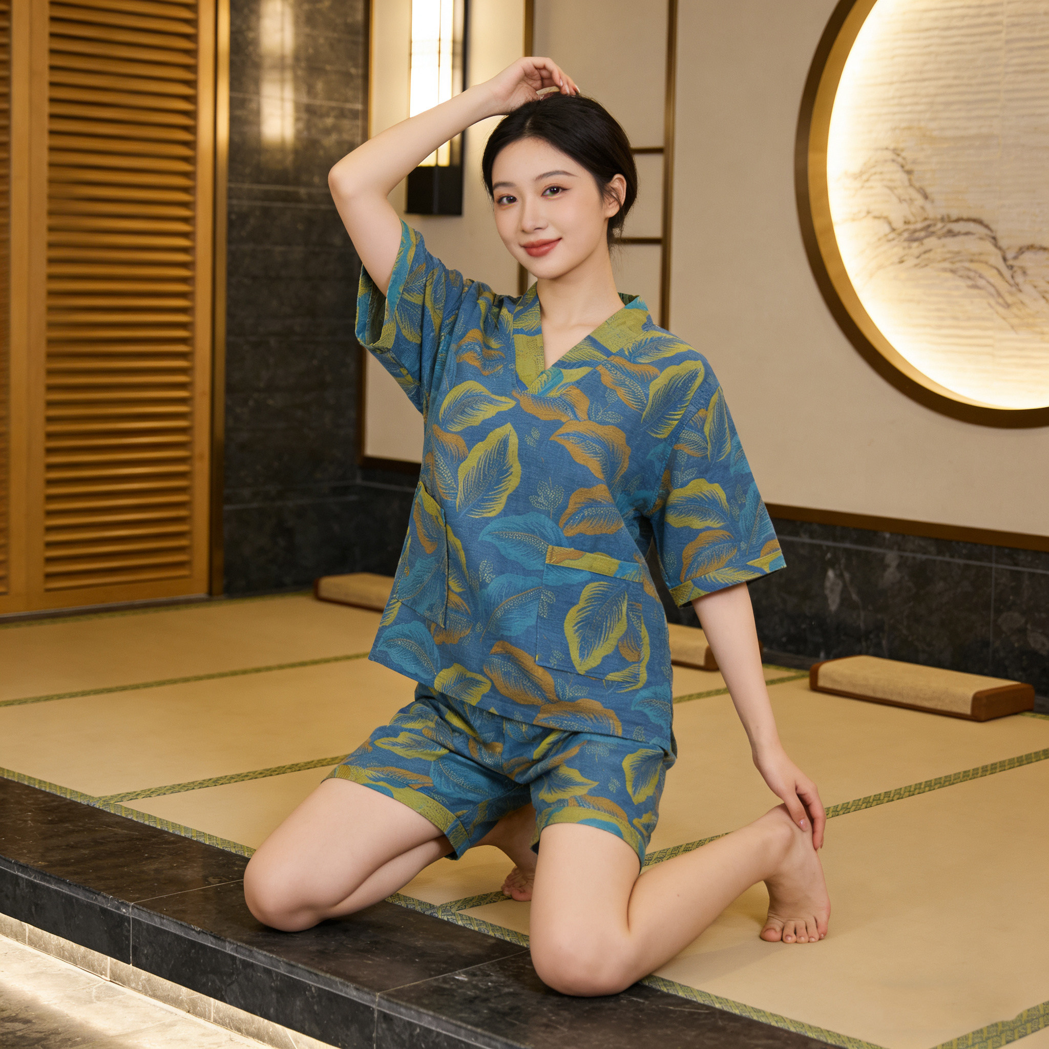双层纱汗蒸服中式汉服家居服宽松大码汗蒸男女宽松可外穿纯棉睡衣