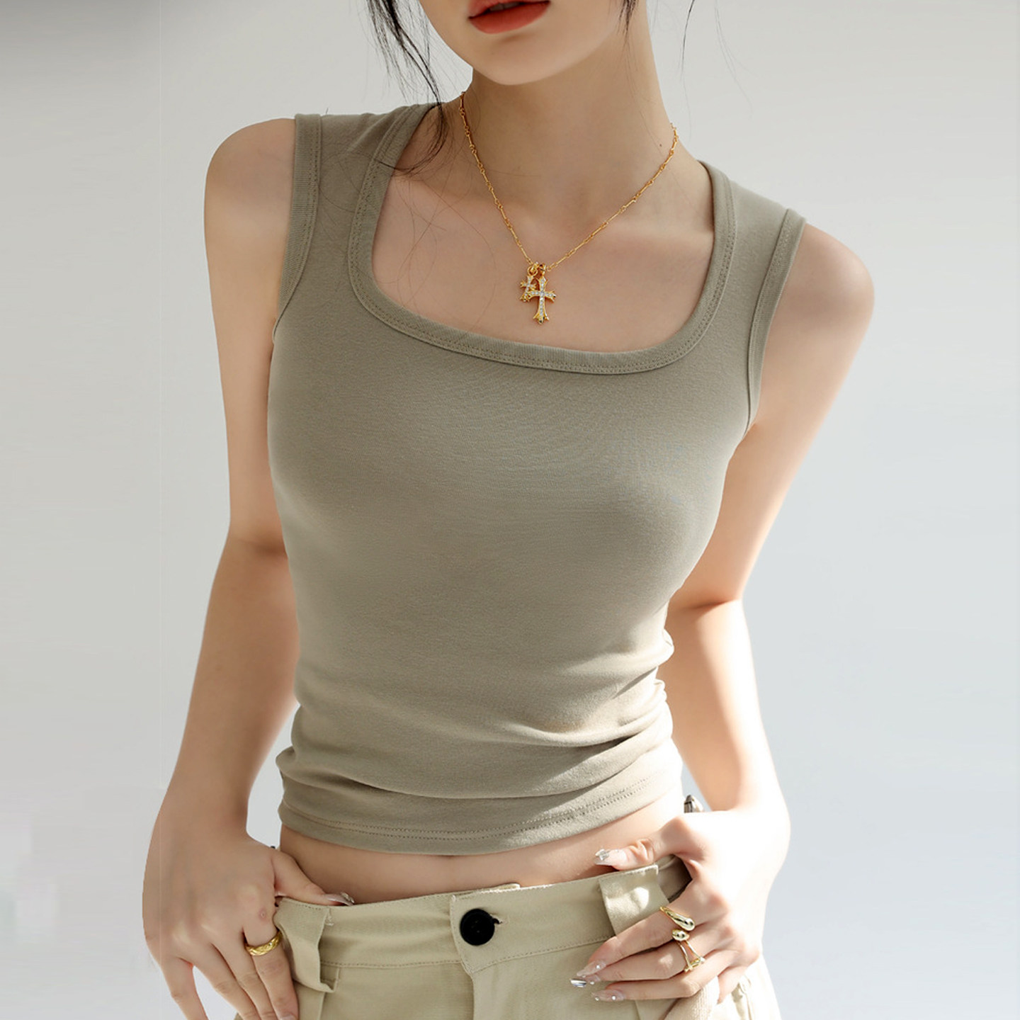 纯棉小背心西装内搭打底无袖吊带女春夏外穿显瘦辣妹u领上衣美背