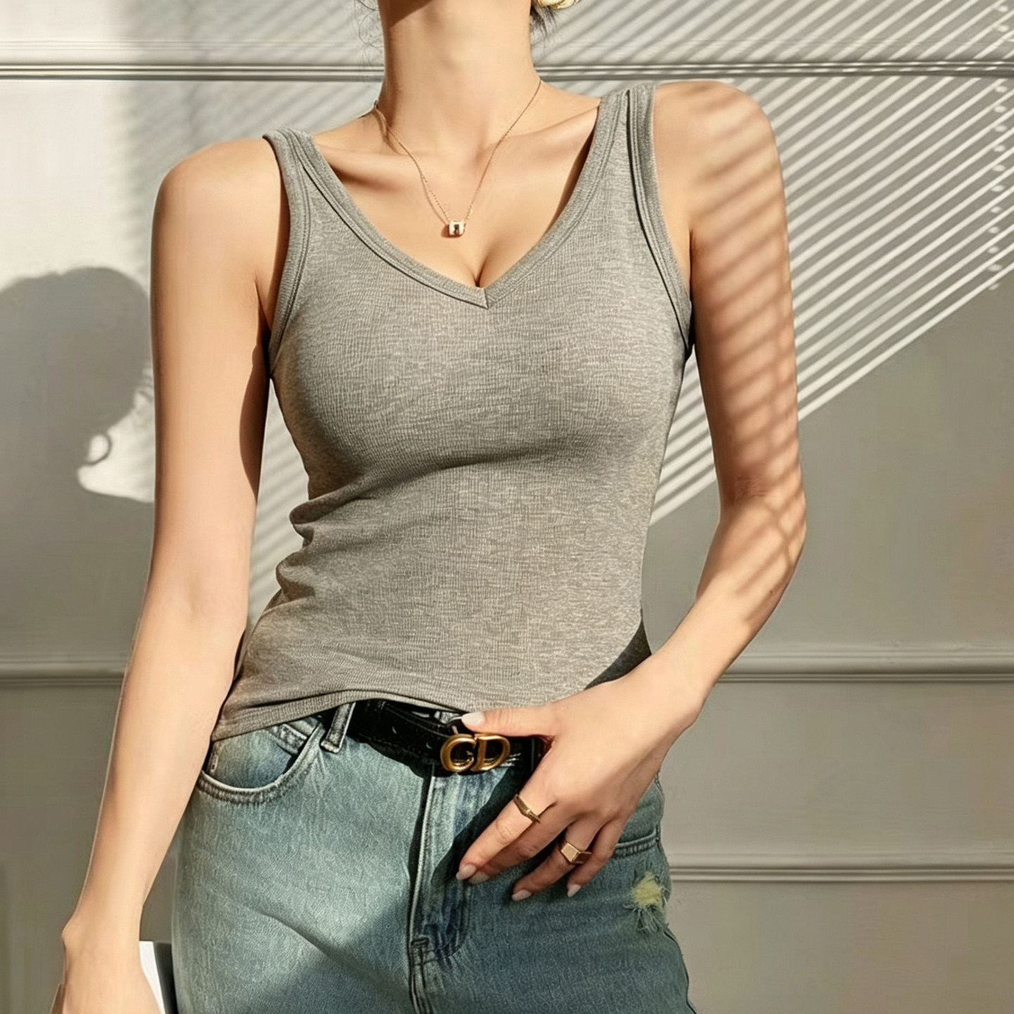夏季V领螺纹针织小吊带女