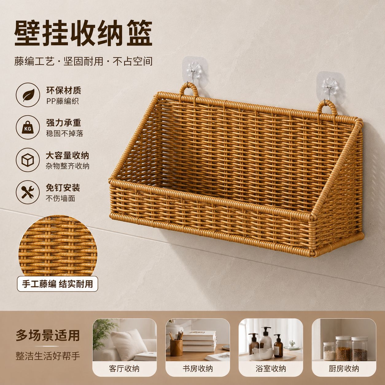 藤编收纳篮卫生间壁挂式
