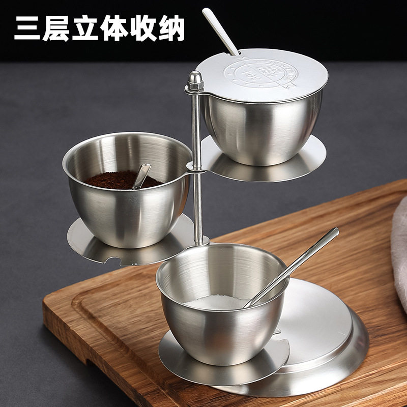 304不锈钢调味罐创意旋转式带盖调料盒厨房调料家用收纳组合套装