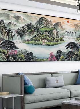 旭日东升聚宝盆办公室字画中式山水客厅国画沙发背景墙纸墙贴壁画