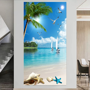 海边椰树玄关装 饰画过道走廊海景风景寓意好正对门墙贴画客厅壁画