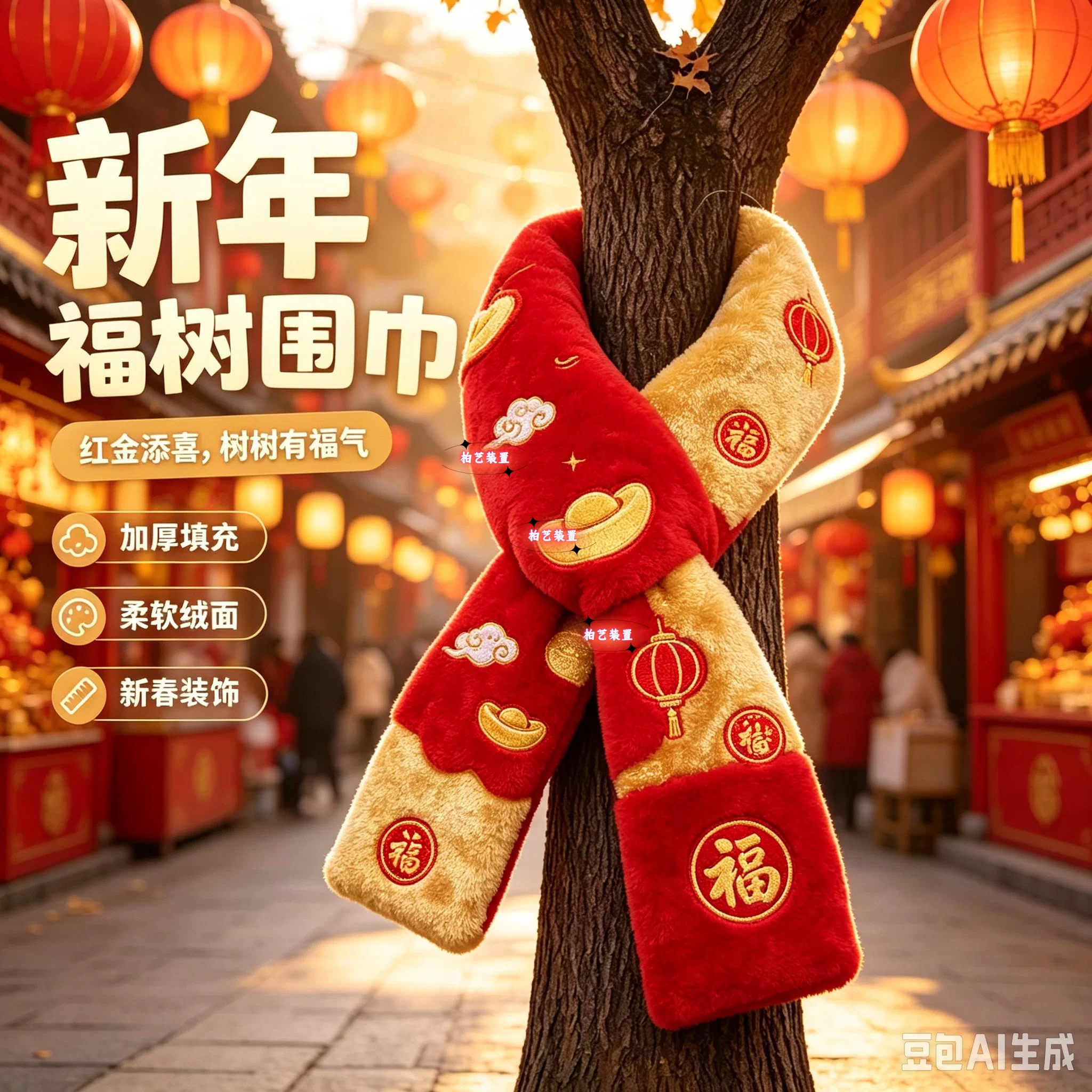 新年春节户外景区大树围巾装饰网红打卡拍照节庆布艺用品装饰