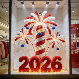迎新年装饰场景布置2026门店橱窗春节烟花树美陈毛绒摆件拍照道具