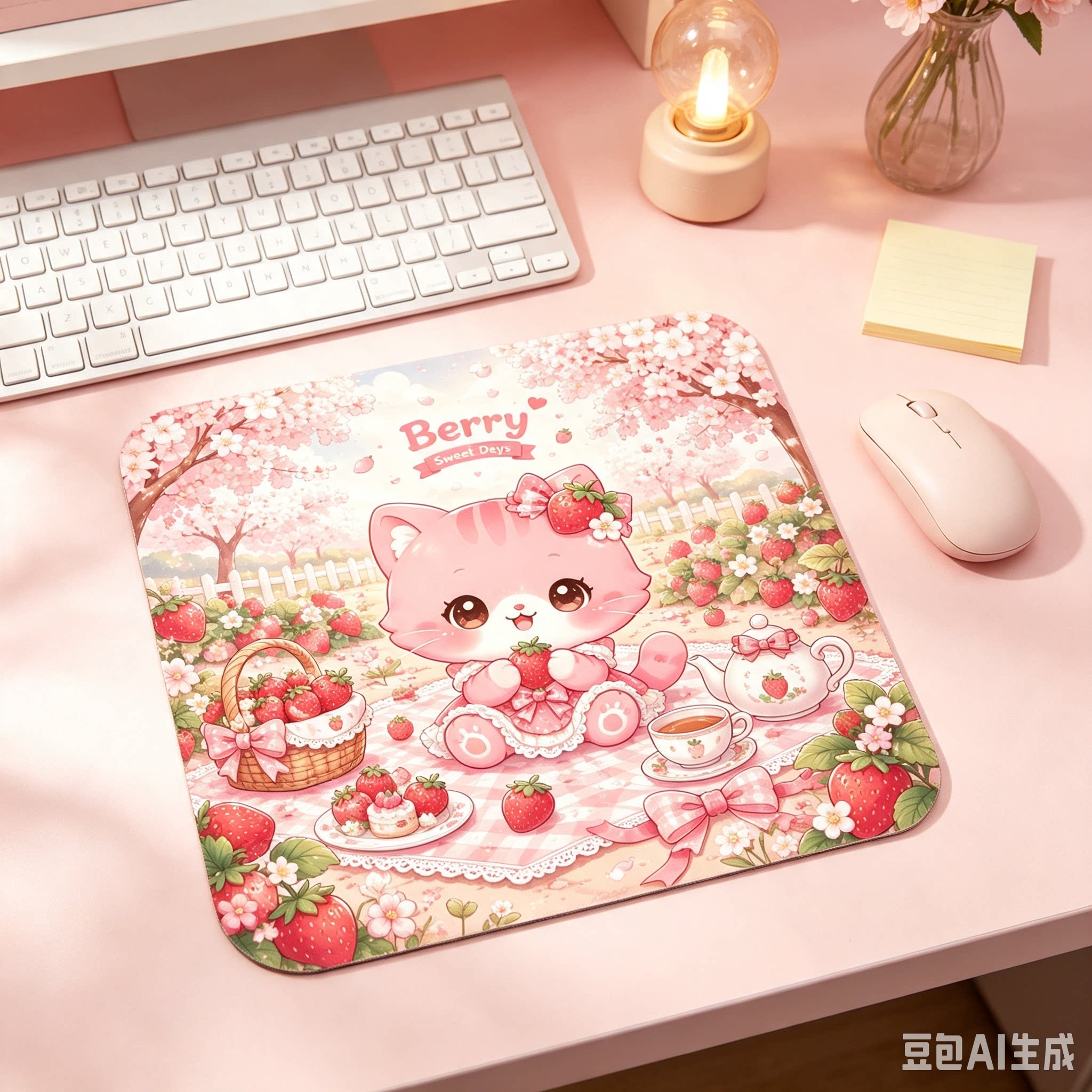 可爱草莓花园小猫鼠标垫桌垫办公游戏防滑橡胶底高清印花桌面垫子