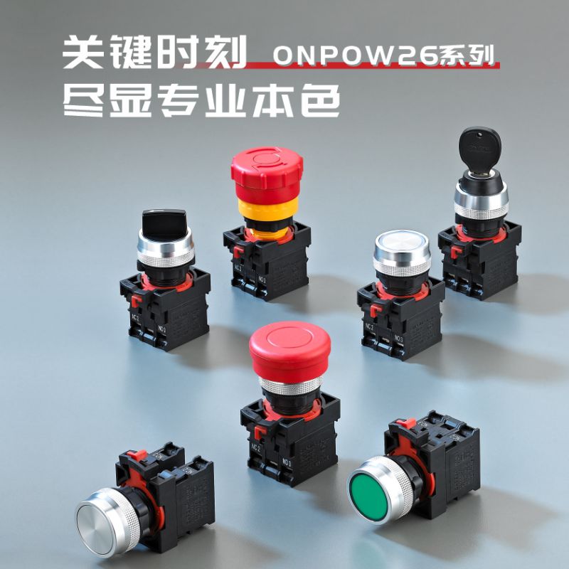 ONPOW26欧宝龙中国红波22mm圆形电源启停金属带灯自复按钮开关