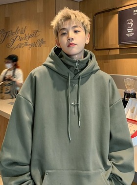 假两件连帽卫衣男春秋冬美式潮牌半拉链重磅男生外套痞帅高领上衣