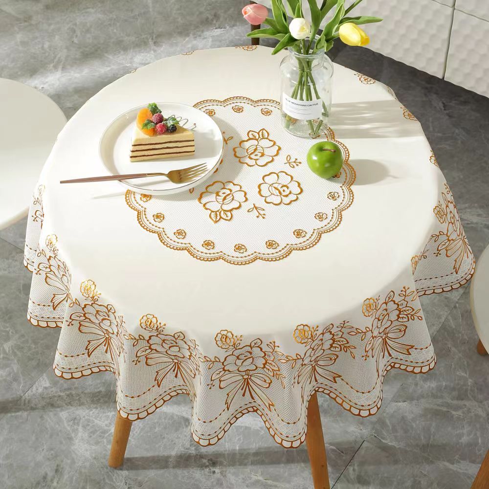 PVC烫金桌布圆形家用圆桌防水防尘防烫免洗欧式蕾丝花边大圆桌布