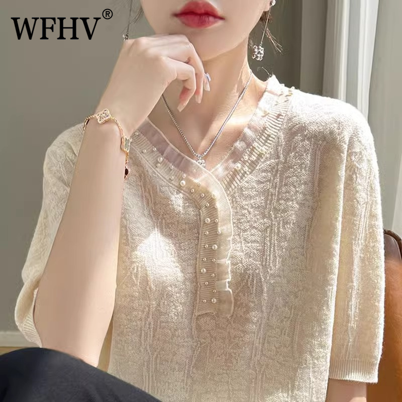 短袖t恤女2025新款夏季女士提花钉珠蕾丝女装时尚冰丝针织衫上衣