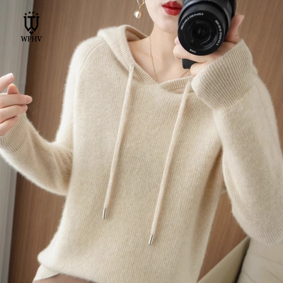 100澳洲纯羊毛针织连帽卫衣女款冬季加厚帽衫宽松大码打底毛衣