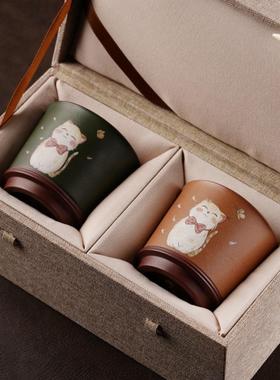 宜兴紫砂主人杯对杯礼盒猫咪对杯120cc送闺蜜女领导礼物茶具套装