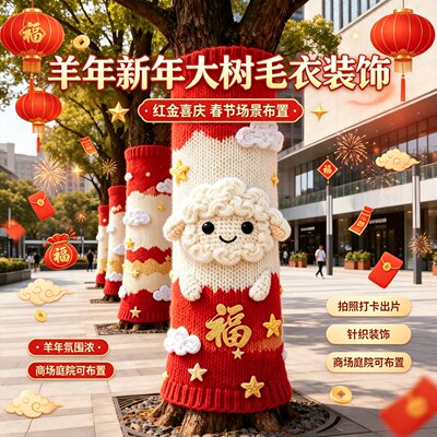 秋冬春节户外大树手工毛衣装扮