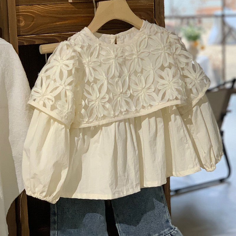 法式镂空花边领长袖衬衫女春秋娃娃衫宽松百搭显瘦上衣