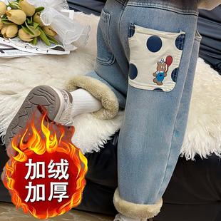 子 洋气外穿儿童裤 一条过冬女童加绒加厚宝宝老爹牛仔裤 冬季
