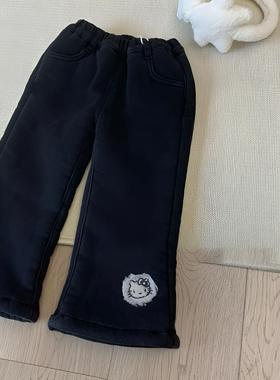 女童黑色喇叭裤加绒保暖长裤宝宝松紧腰微喇裤百搭卡通刺绣洋气