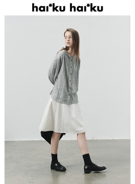 haiku 复古杂色条纹肌理 宽松灯笼袖上衣女纯棉圆领休闲衬衫