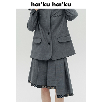 Haiku【清仓3折 不退不换 】格纹拼接 不规则压褶设计西装a字裙