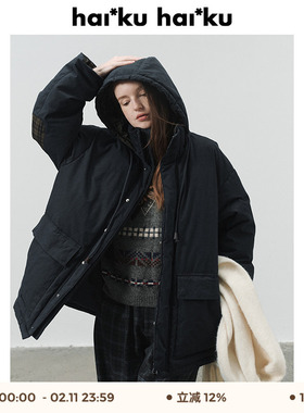 haiku 复古羽绒 格纹面料拼接设计蓬松轻盈工装感中长款羽绒服