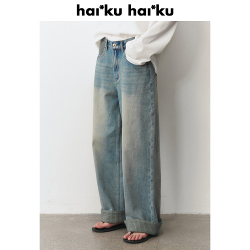 复古水洗拼接牛仔裤春夏