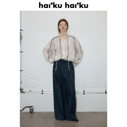 haiku “casa”淡人层次感条纹 两面穿插肩袖罩衫女纯棉长袖衬衫