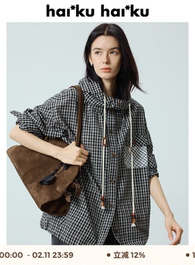 haiku “casa”黑白格纹衬衫外套女连帽落肩宽松长袖上衣