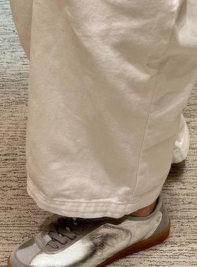 SAM JIMMY欧美时尚德训鞋女鞋金银色新款系带真皮复古平底休闲鞋