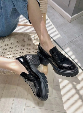 新款SAM CH方跟黑色乐福鞋王楚然同款厚底女鞋圆头漆皮职业ol单鞋