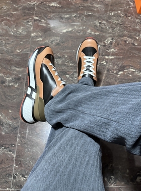 HQGDN网拼时尚休闲鞋情侣新款胎牛皮拼色运动鞋H家同款厚底老爹鞋