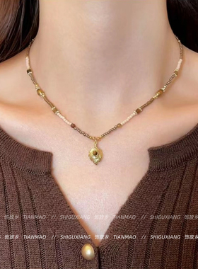 复古串珠虎眼石吊坠项链莫瑞风