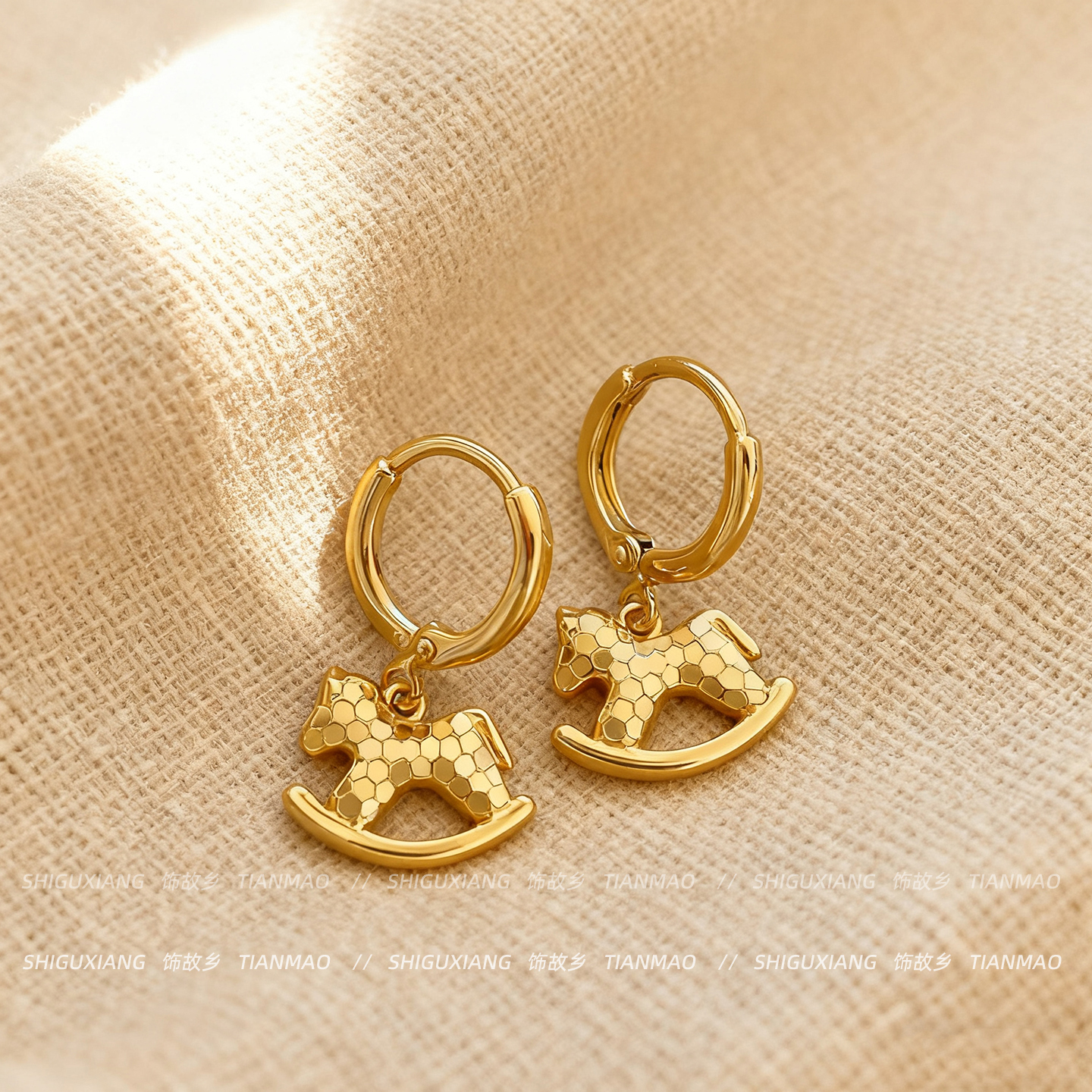 金色碎碎冰木马耳扣耳环女巨好看