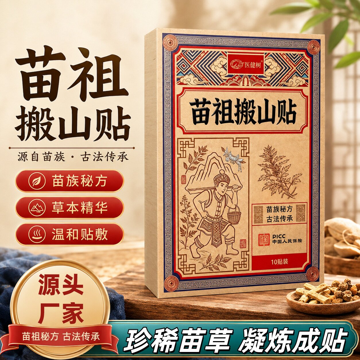 医健树苗祖搬山贴草本精华缓解肩颈腰腿亲肤艾灸贴温和艾草保健贴