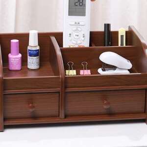 汇星木质多功能带抽屉桌面文具 遥控器 化妆品收纳盒礼品笔筒