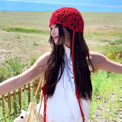 新疆大理旅游搭配钩花镂空流苏帽子女波西米亚民族风套头包头帽