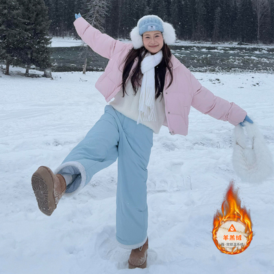 东北哈尔滨羊羔绒防风防水保暖棉裤女长白山雪乡防寒旅游穿搭装备