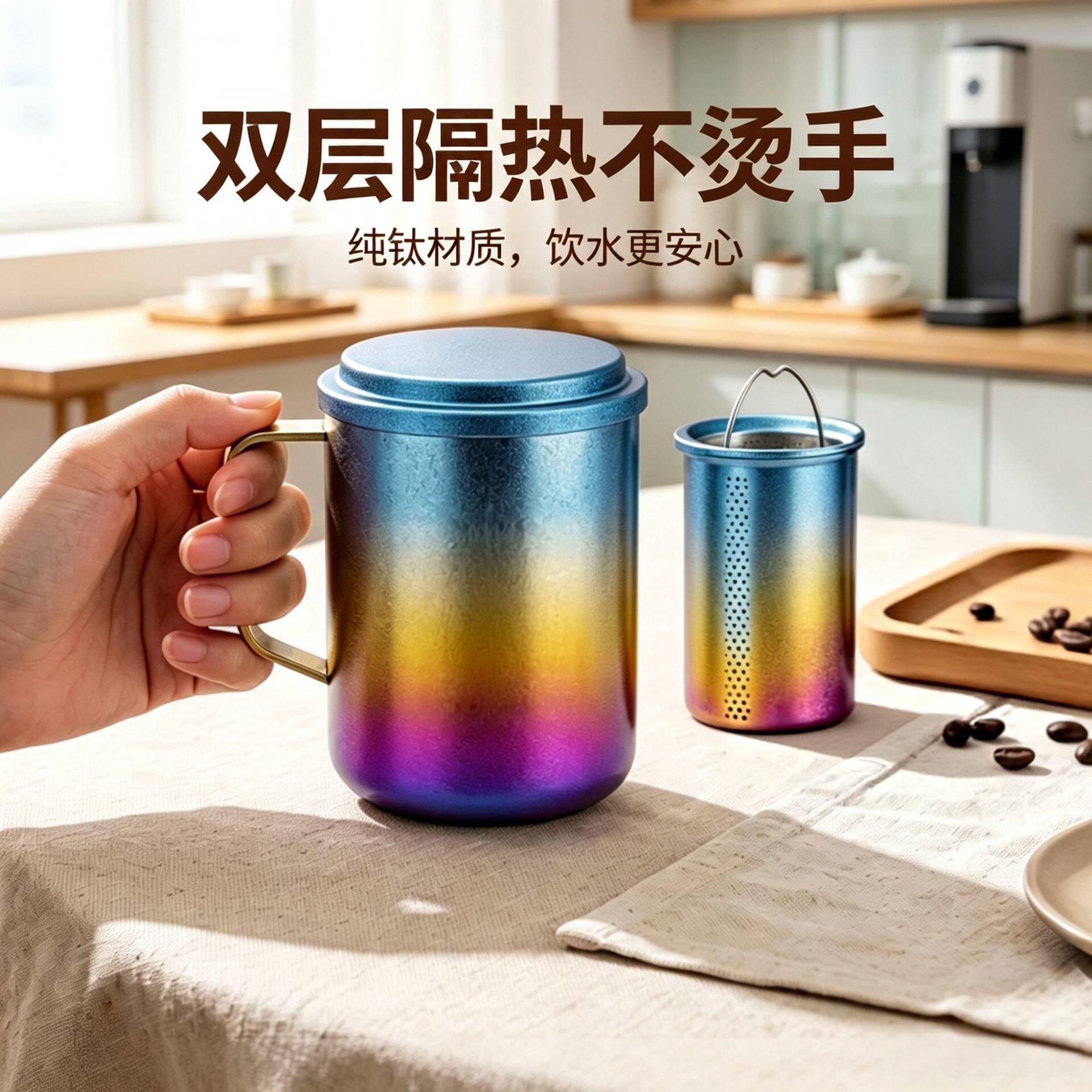 纯钛马克杯户外旅游露营双层防烫家用复古咖啡杯喝水杯带茶隔冰花