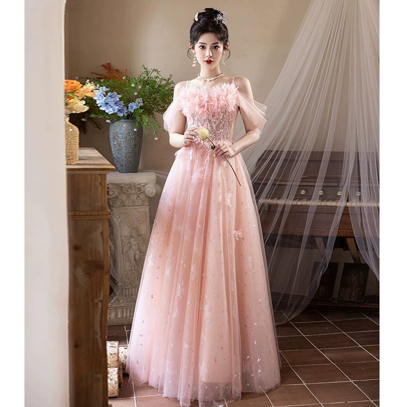 超仙粉色晚礼服女高级感绝美公主