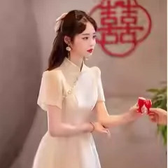 时尚立领短袖中长泡泡袖礼服裙