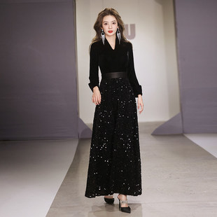 黑色晚礼服裙女2025新款轻奢小众高级感宴会气质主持人长袖连衣裙