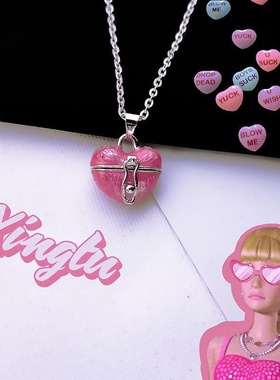 个性蹦迪法式复古爱心可打开盒子宝石千禧锁骨链项链