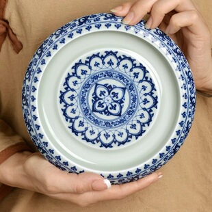 景德镇仿古青花宝相壶承中式干泡台家用养壶托盘茶壶陶瓷壶托茶盘