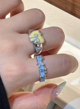 韩式彩色甜美可爱蝴蝶结滴油爱心戒指小众设计感百搭气质食指戒指