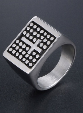 复古波点十字花纹宽戒指 欧韩款霸气个性男士单身钛钢饰品SA258