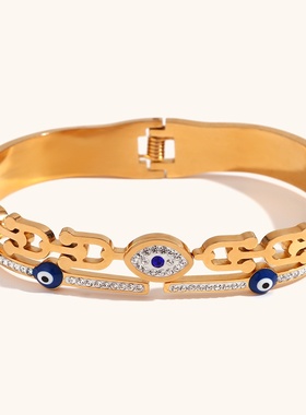 欧美双层切割链条恶魔之眼弹簧扣手镯不锈钢镀金手饰饰品女