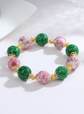 复古时尚古老琉璃珠绿蛇皮翠绿串珠手链古法工艺彩色手串简约饰品