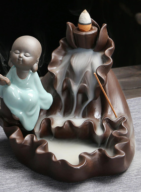 倒流香炉高山流水家居摆件小和尚紫砂工艺品熏香炉观流烟香座